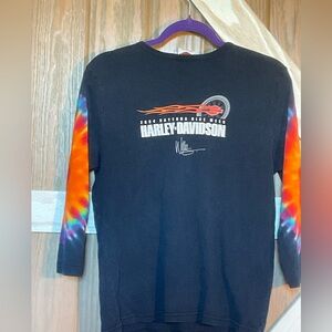 Harley-Davidson Navy T-Shirt w/Tie-Dye Sleeves. Front & Back Graphics. SIZE 2X